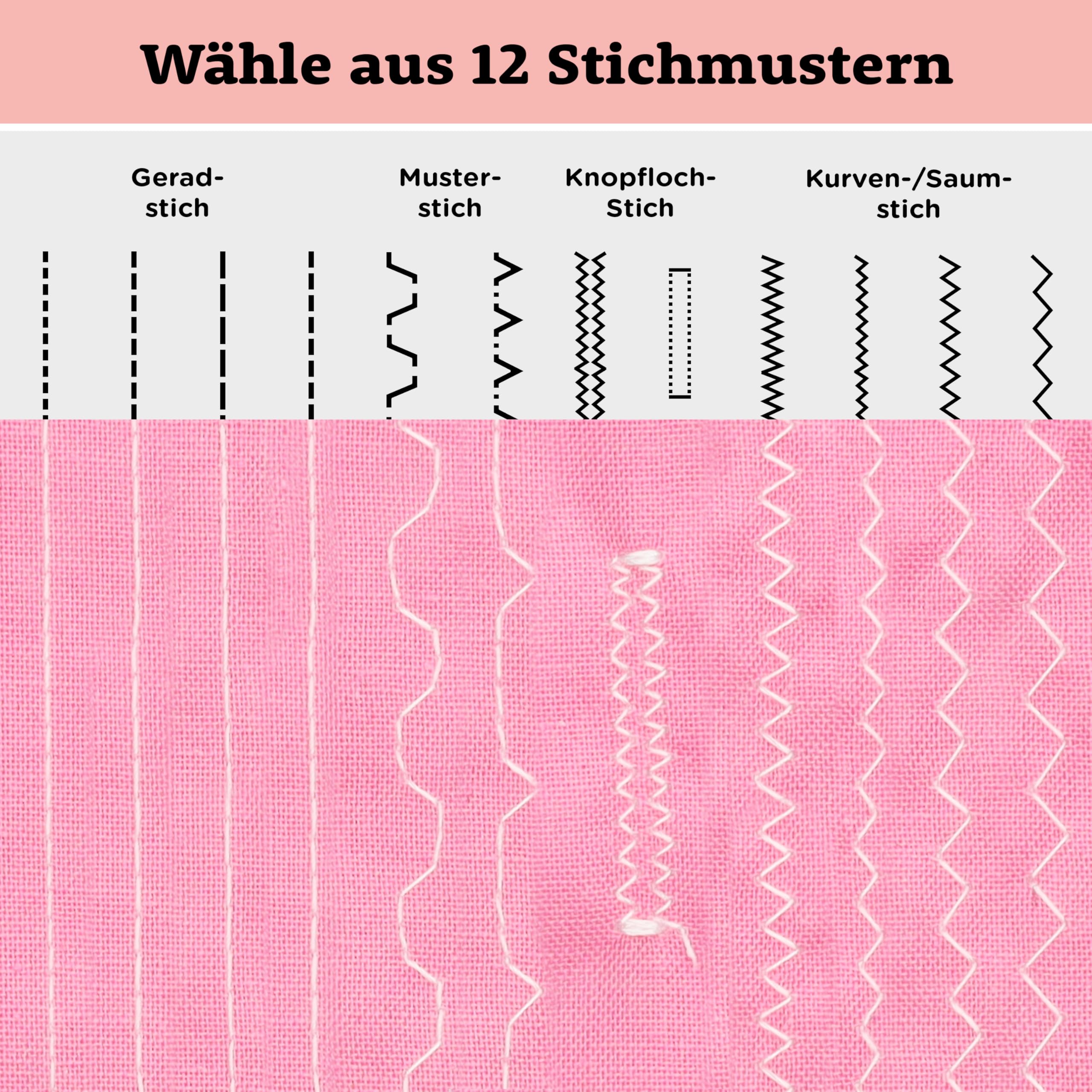 Crafts&Co® Nähmaschine für Anfänger | 28.4x12.3x26cm | Weiß-Lila | Handnähmaschine mit Eingebautem LED-Licht und Fußpedal, 12 Stiche, Mini Nähmaschine, Singer, Pfaff