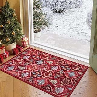 Lahome Christmas Rugs for Entryway, 2x3 Christmas Kitchen Rugs Ultra-Thin Washable Christmas Door Mat Indoor Entrance, Non-Slip Red Xmas Carpet for Entry Bedroom Holiday Decor,Red