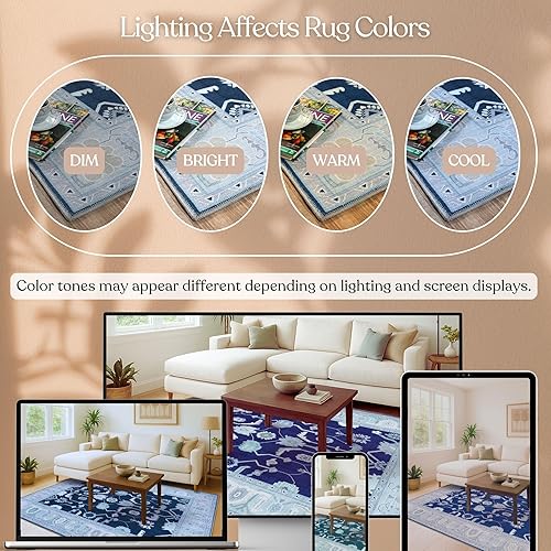 Miniatura 7 de Fame Living Alfombra Azul Marino Oushak, Moderna, Vintage, Turca, Ecléctica, Floral, Pastel, Lavable, Alfombras de Área Extra Grandes para Sala