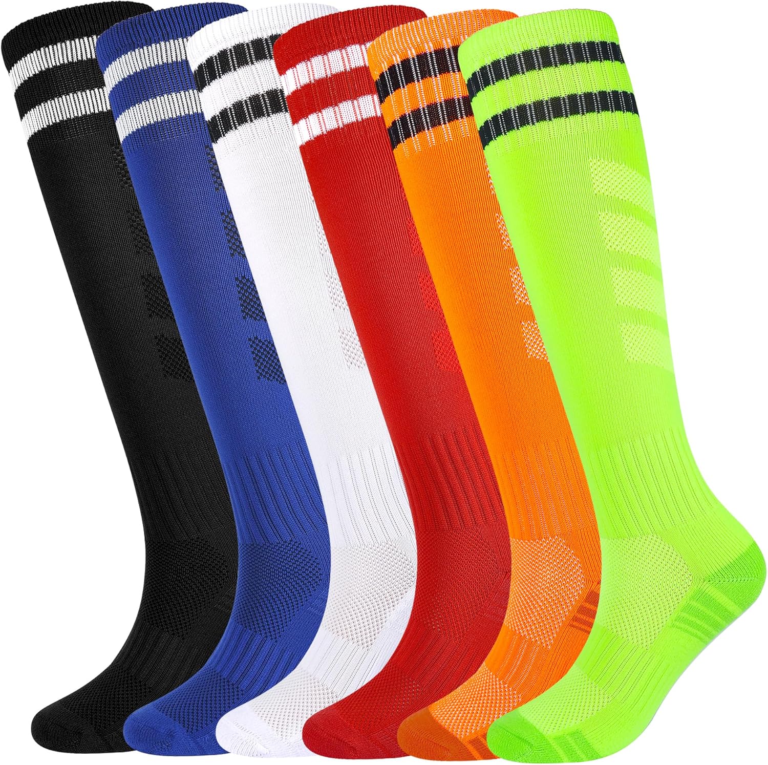 Kids Soccer Socks Boys Football Socks 6 Pairs Girls Striped Knee High Sock Sports Unisex Youth 5-14 Years
