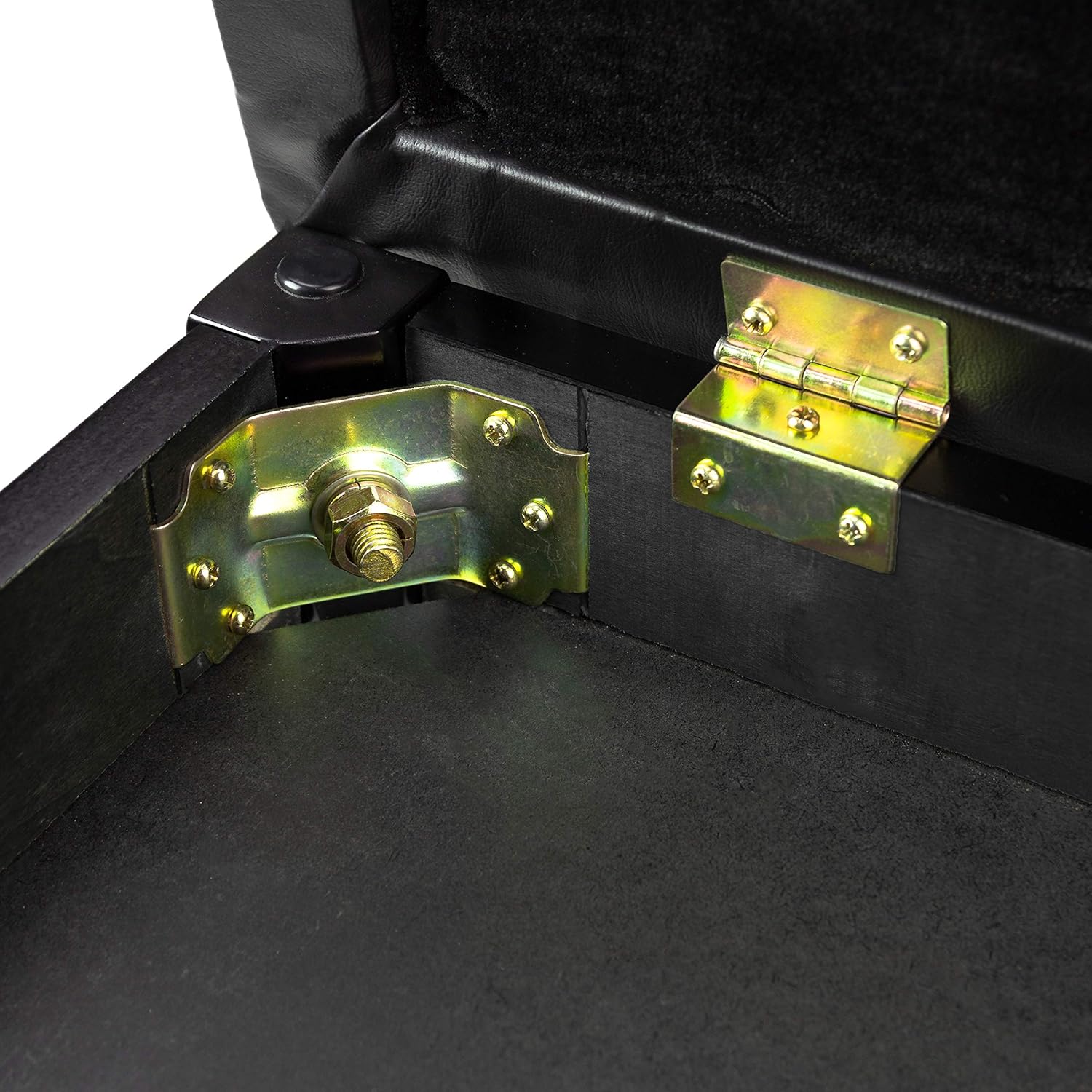 Close-up of the hinge mechanism for the storage compartment lid