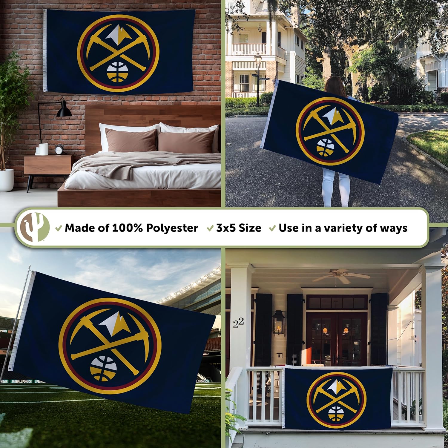 Desert Cactus Denver Nuggets Flag NBA 100% Polyester Indoor Outdoor 3x5 feet National Basketball Association Team Flags (Flag #1)