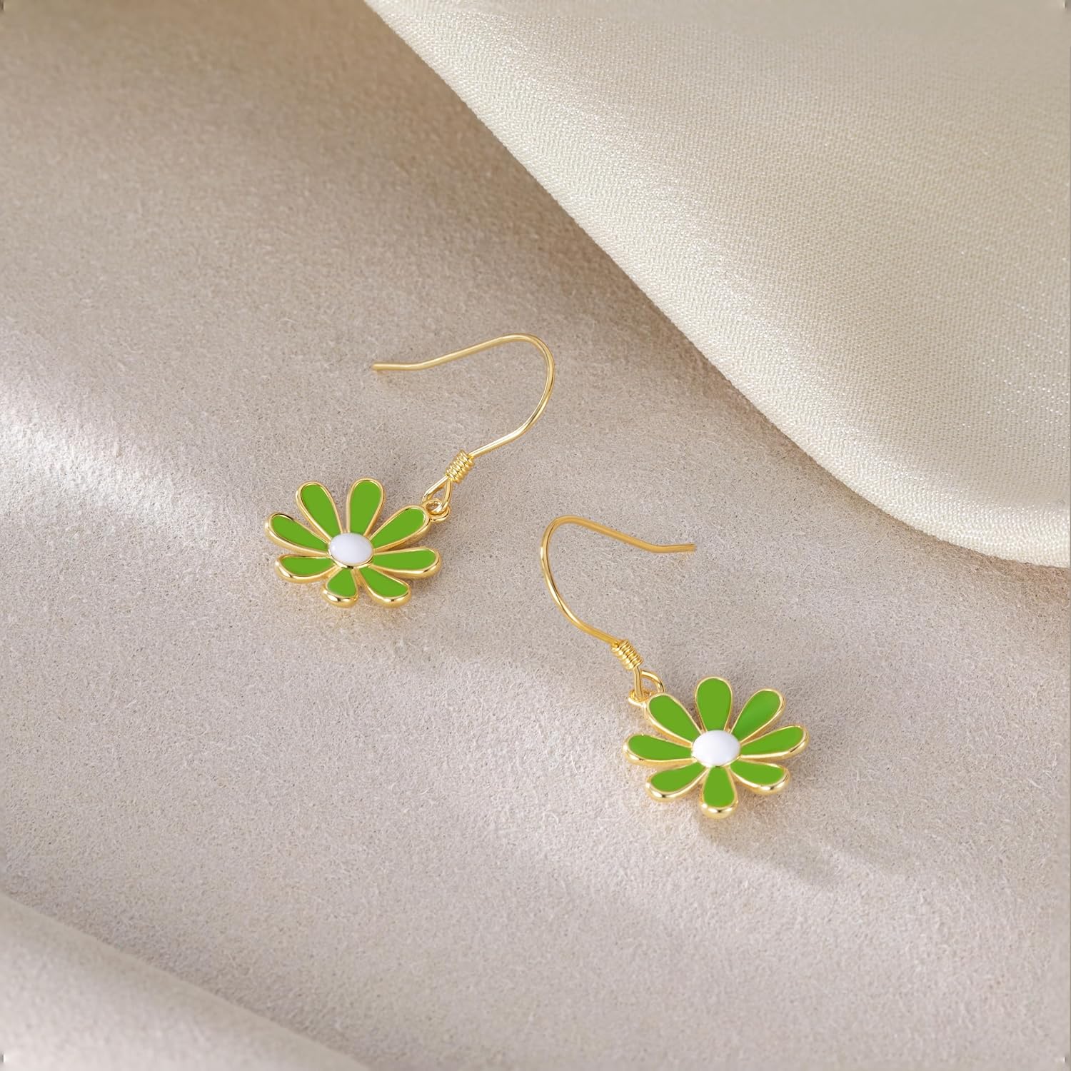 SLUYNZ 925 Sterling Silver Daisy Flower Dangle Drop Earrings for Women Teen Girls Green Flower Drop Earrings Summer Spring