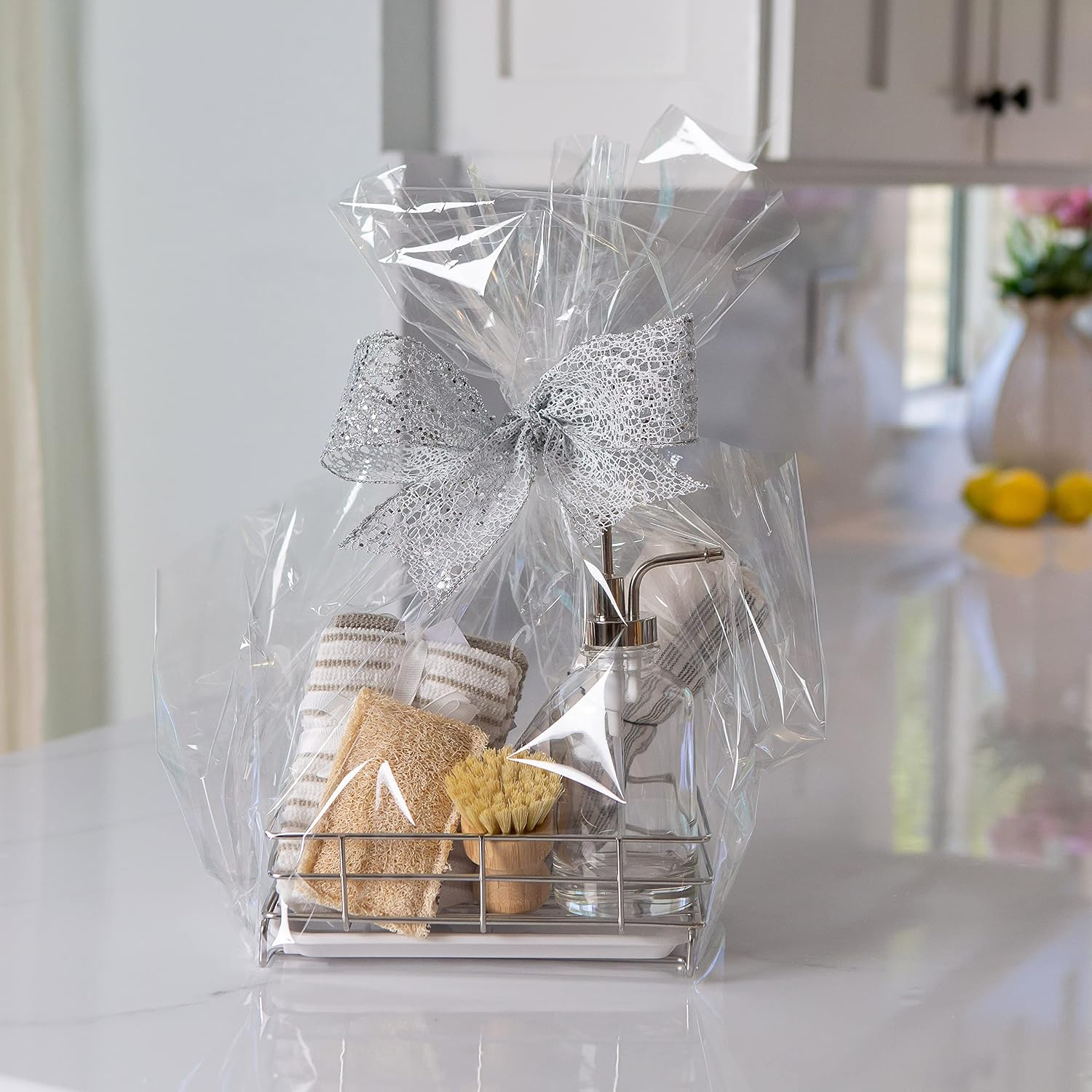 HandyHomeConcepts Bundle Kitchen Sink Caddy + Bamboo Scrub Brush Silver Caddy Sponge Holder w/Removable Melamine Drain Tray (not incl. Sponge, soap Dispenser, Towel) Kitchen Sink Caddy Countertop
