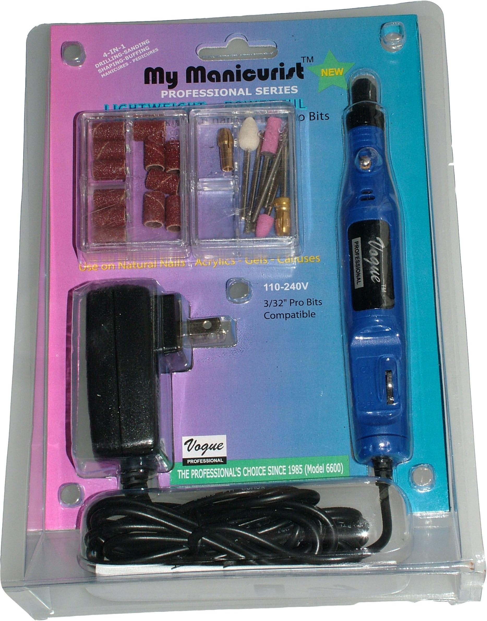 VOGUE PROFESSIONAL ® Powerful Plug-in Slim Lightweight Pro Nail Art Drill KIT Electric FILE Buffer with 7 Specialty Vogue Pro ® Attachments Bits for Acrylics UV Gel Shellac or Natural nails Portable Salon Machine Manicure Pedicure Filing or Callus removal Bits fit Dremel Kupa Professional Easy to use Designed to use on fingernails Not a hobby tool. 30 years old US salon experts established brand. AC 230 V . 2016 Model