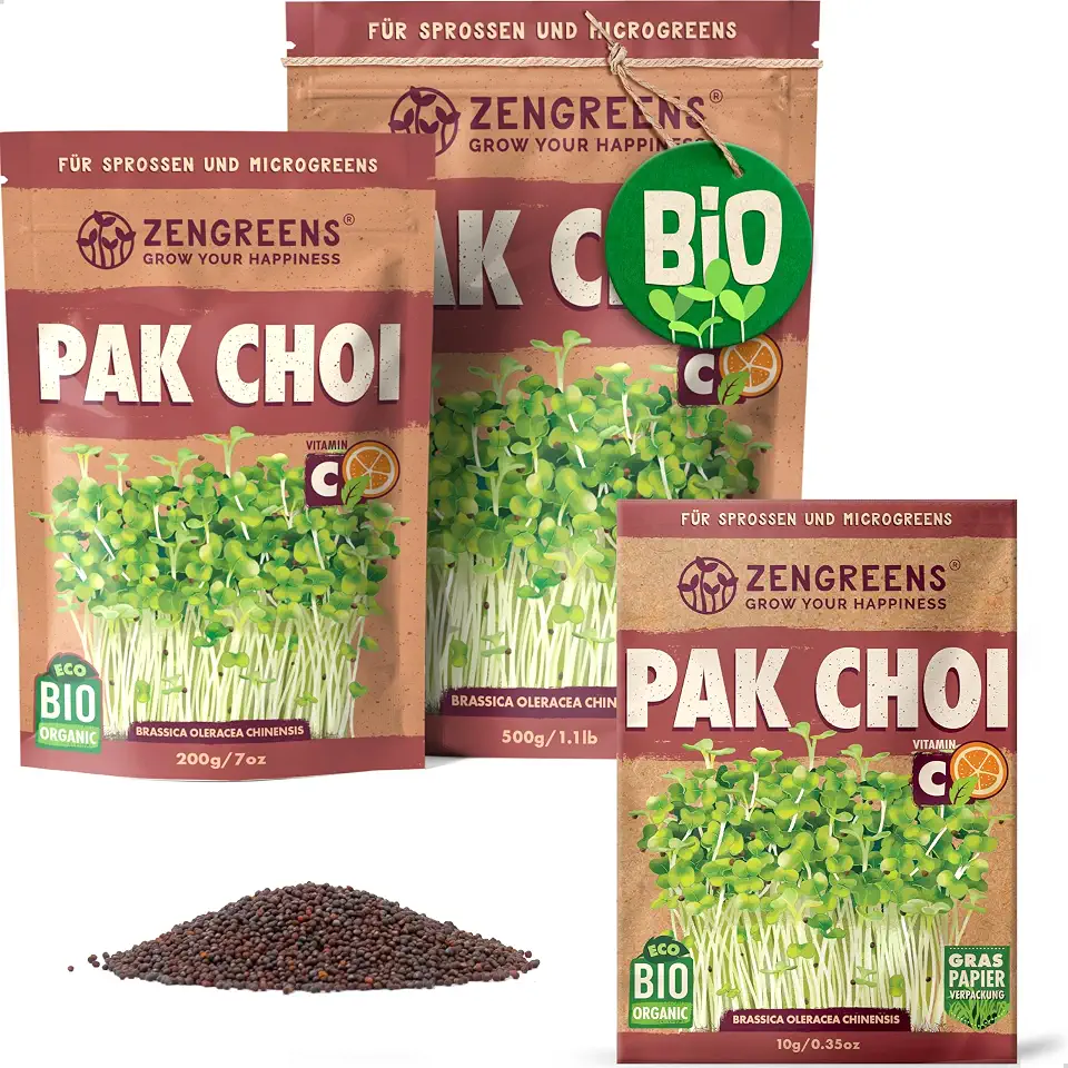 ZenGreens® - Bio Pak Choi Sprossen Samen - Wähle zwischen 10g, 200g und 500g - Pak Choi Bio Saatgut - Keimrate von über 95% - Pak Choi Sprossensamen zum Keimsprossen ziehen - Microgreens