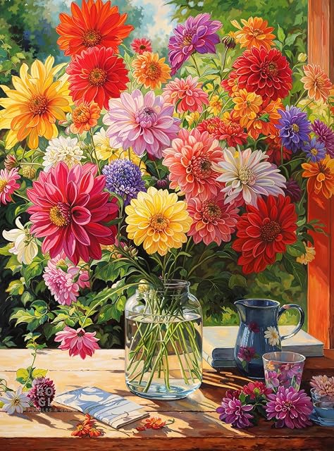 Cross & Glory - Rainbow Dahlia Delight - 1000 Piece Jigsaw Puzzle for Adults | Vibrant Flower Collection | Satin Finish | Challenging & Colorful Art
