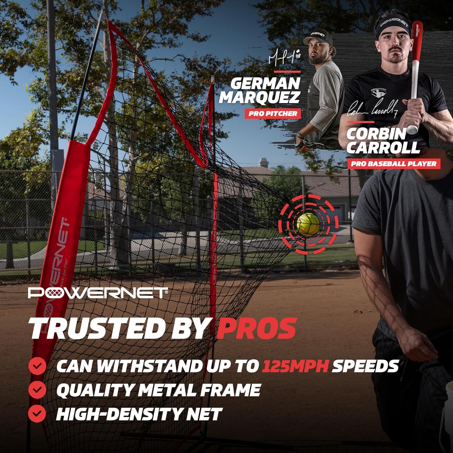 PowerNet 7x7 FT Pitch-Thru Protection Pitching Screen for Softball, 49 Sq Ft Barrier Net Only or Net + Frame, Portable Pitching & Batting Practice Net, Open Area in Net for Ball to Pass Through