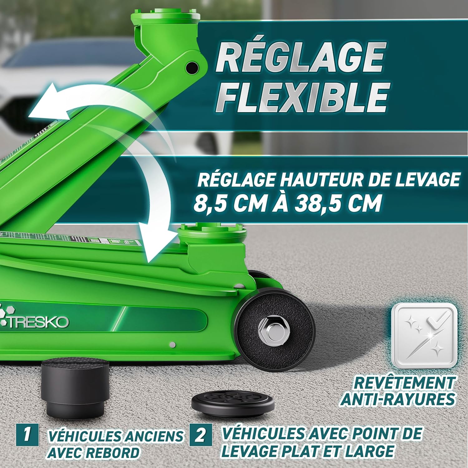 TRESKO hydraulic jack demonstrating its flexible lifting height adjustment from 8.5 cm to 38.5 cm, with anti-scratch coating and different rubber pads.