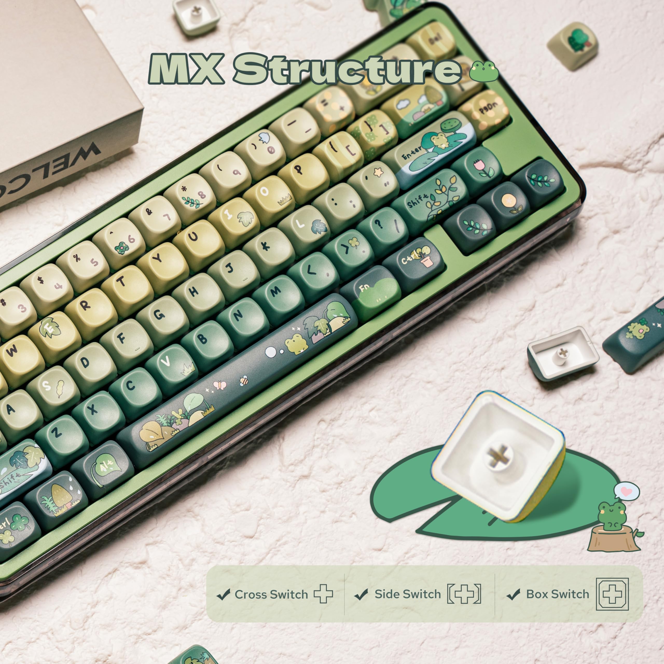KiiBOOM X Cosydiaries Rainy Froggy Day - Set di copritasti con profilo MOA, 143 tasti, copritasti personalizzati in PBT, per tastiera meccanica, compatibili con ANSI/ISO, 60%, 65%, 75%, TKL, layout