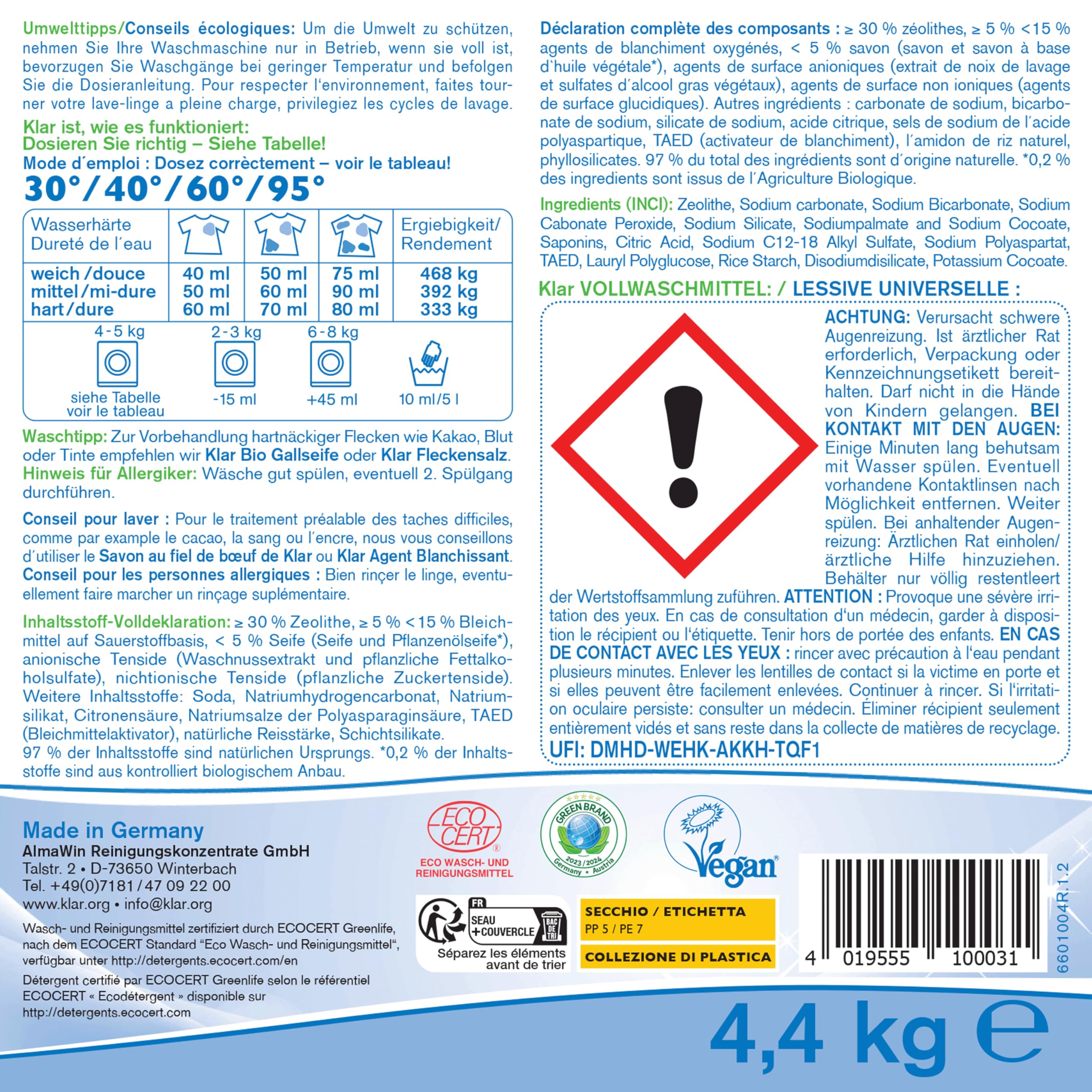 Klar Vollwaschmittel Pulver Sensitive 4,4kg - 80 Ladungen - Allergiker Waschpulver ohne Duft - Bio Waschmittel Pulver mit natürlichem Waschnuss Extrakt - VEGAN & Enzymfrei