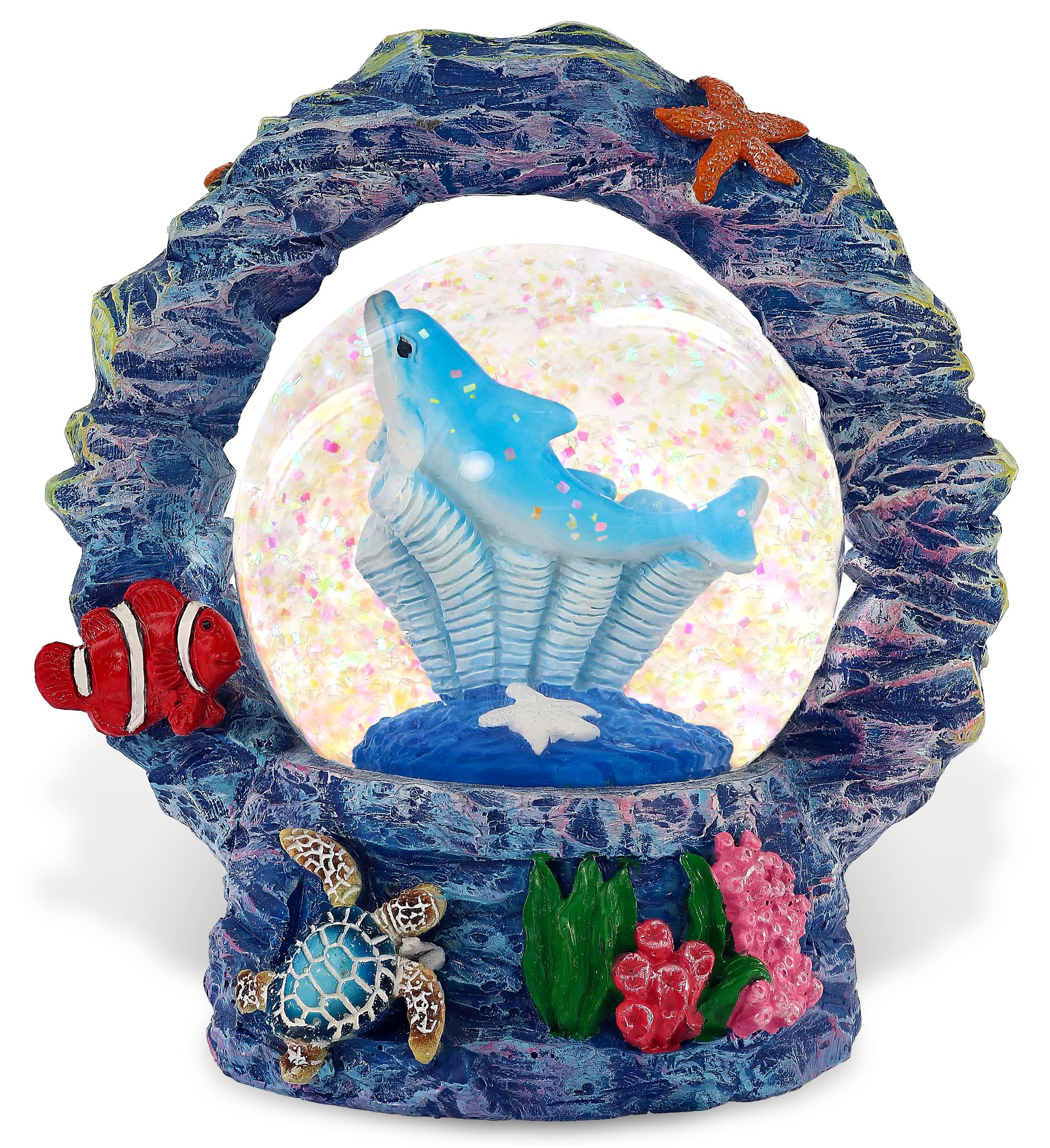 Cota Global Girls Blue, Pink, Orange Dolphin Coral Snow Globe Decor - Elegant Pink Sparkle Glitter Inside The Snow Globe Figure, Animal Figurines For Kids And Adults, Collectible Snow Globes For Birthday, Christmas - 65 Mm