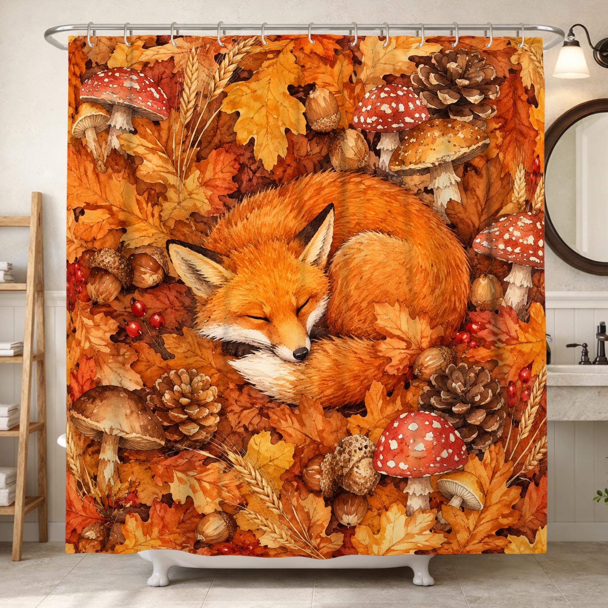 Rideau de douche champignons automne 183x213 cm grand format imperméable pour salle de bain rustique