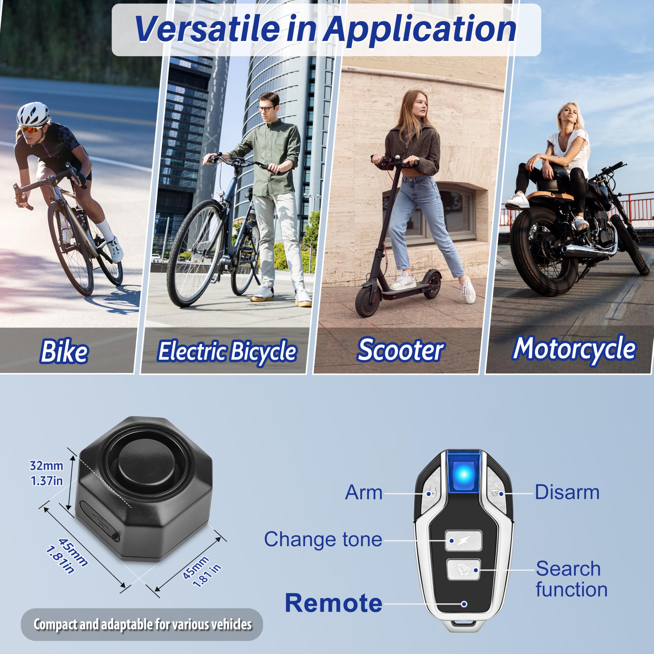 Cruxer Lot de 2 alarmes de vélo avec 2 télécommandes, rechargeable par USB, alarme de vibration, anti-vol, volume 110 dB et sensibilité, capteur réglable, système antivol pour moto, scooter, caravane