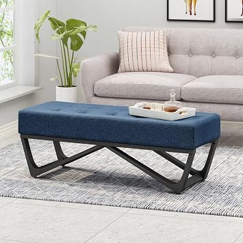 Modern Fabric Bench,Button-Tufted Upholstered Ottoman Bench with Metal Legs,Coffee Table Upholstered Bench for Living Room,Bedroom,Navy Blue