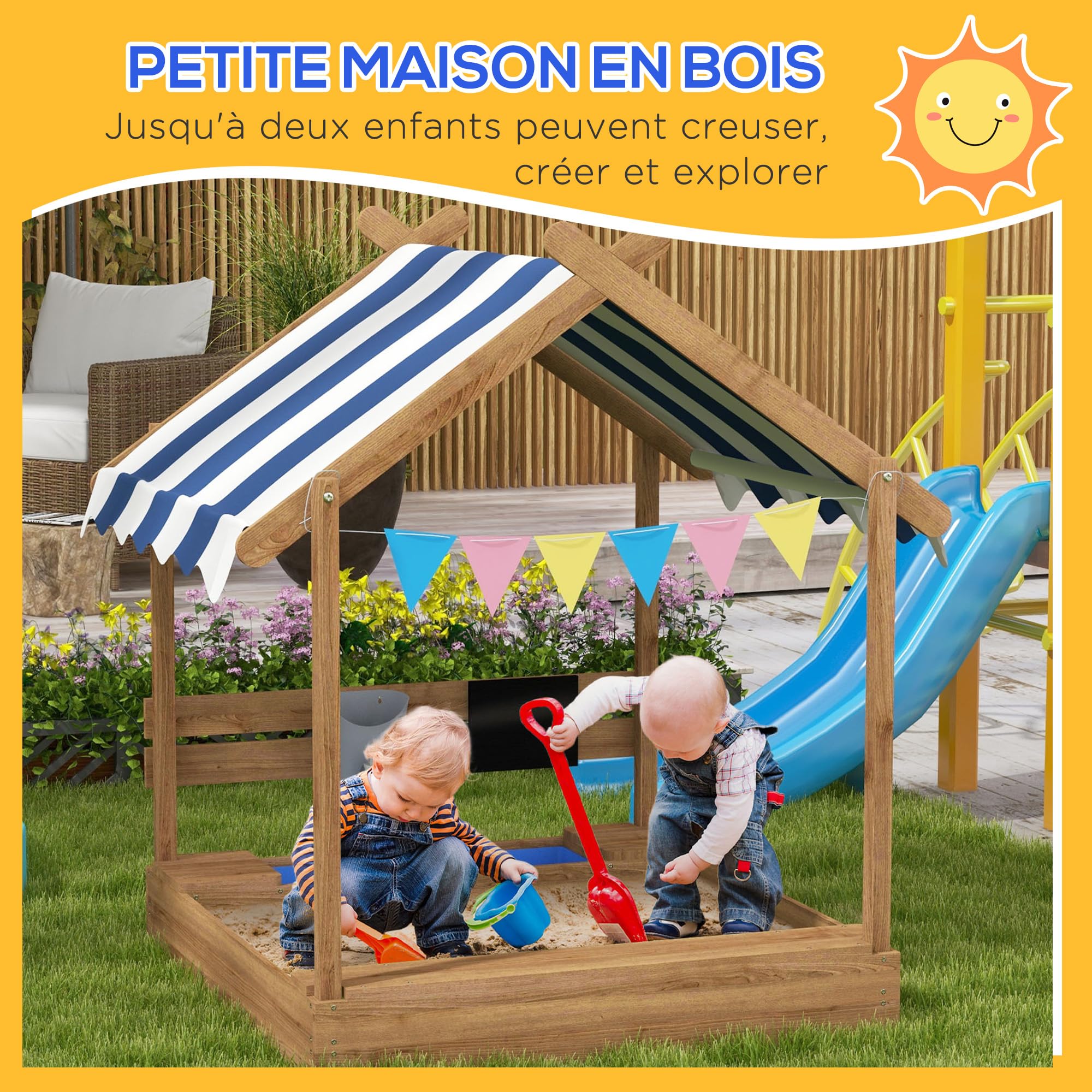 Outsunny Bac à Sable pour Enfant en Bois Sapin Forme Maison 124x116x146cm | Avec auvent, 2 bacs, évier, tableau noir et fanions