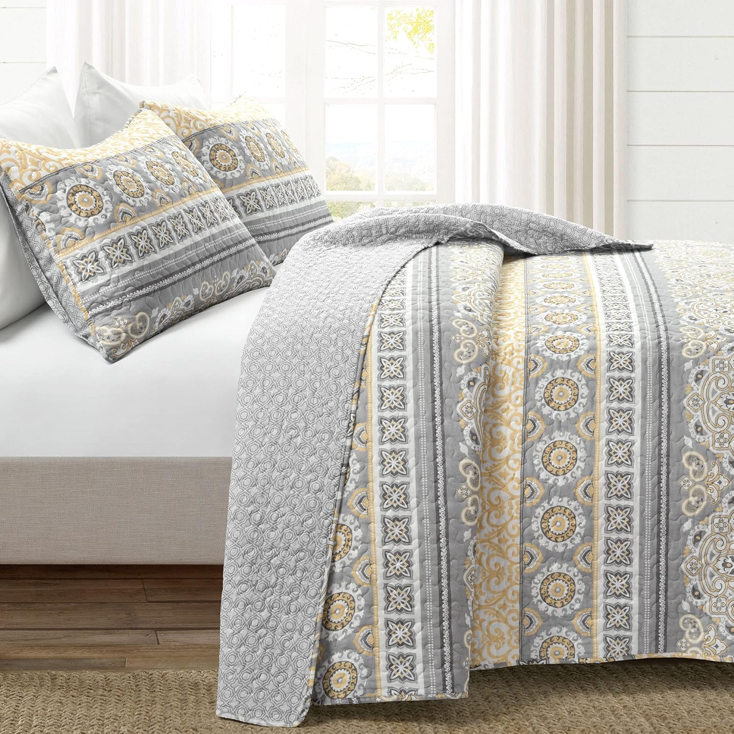 Lush Decor Nesco Stripe Quilt Queen Size 3 Piece Set Full/Queen Yellow & Gray - Striped Bedding Set Queen Quilt - Yellow Quilts - Boho Bedroom Decor