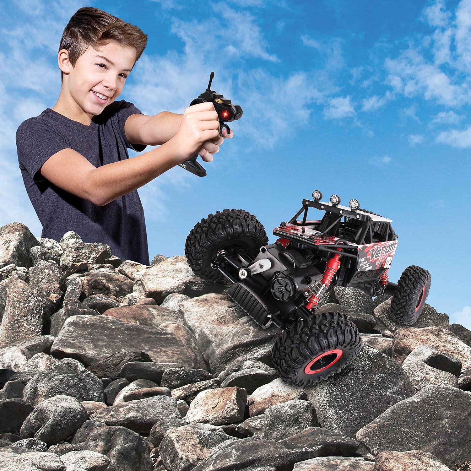 NKOK Mean Machines 1:16 2.4GHz RC Rock Crawler Venom (Red), Designed for Rough Terrain Climbing, Pistol Grip Full Function Controller, Powerful Motor
