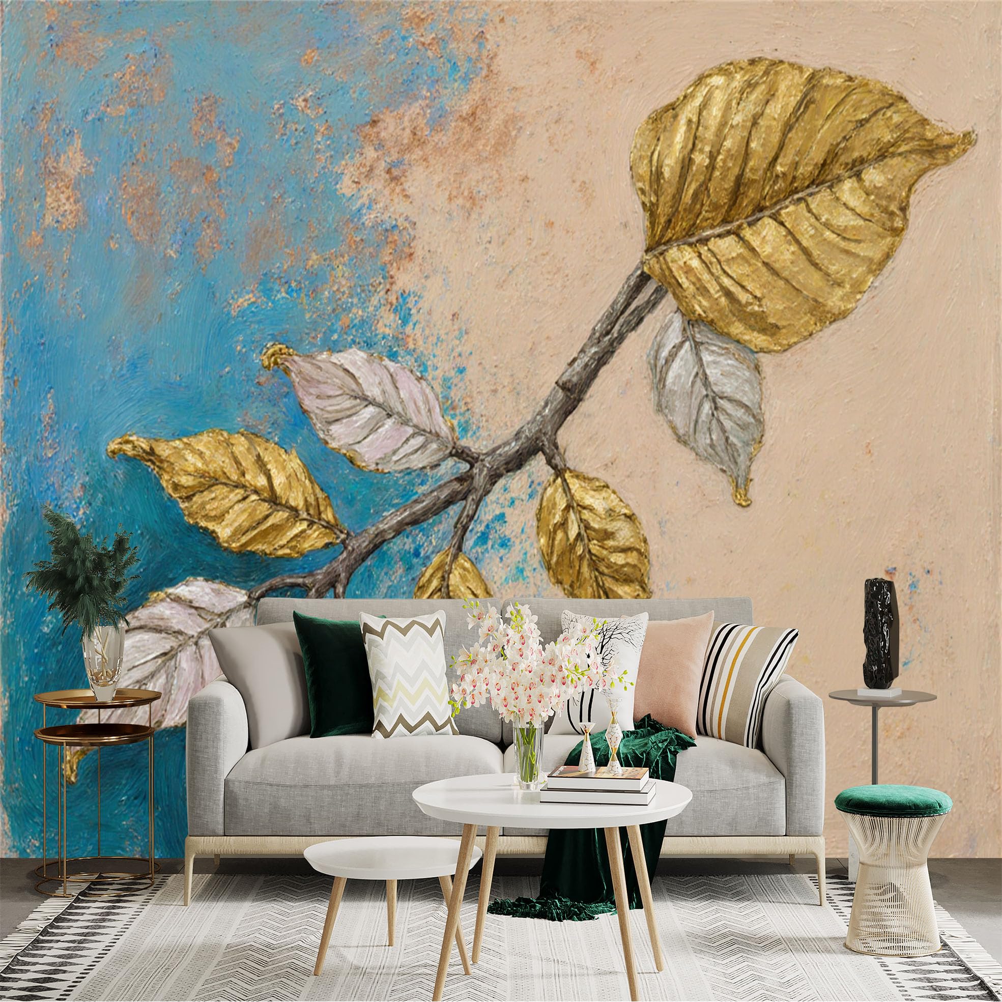 Custom Size Wall Sticker Mural， Abstract Gold Leaf Branch， Modern Textured Art， Botanical Wall Decor， Blue and Beige Toned Painting， for wall Decoration， peelandstick wall Decals.