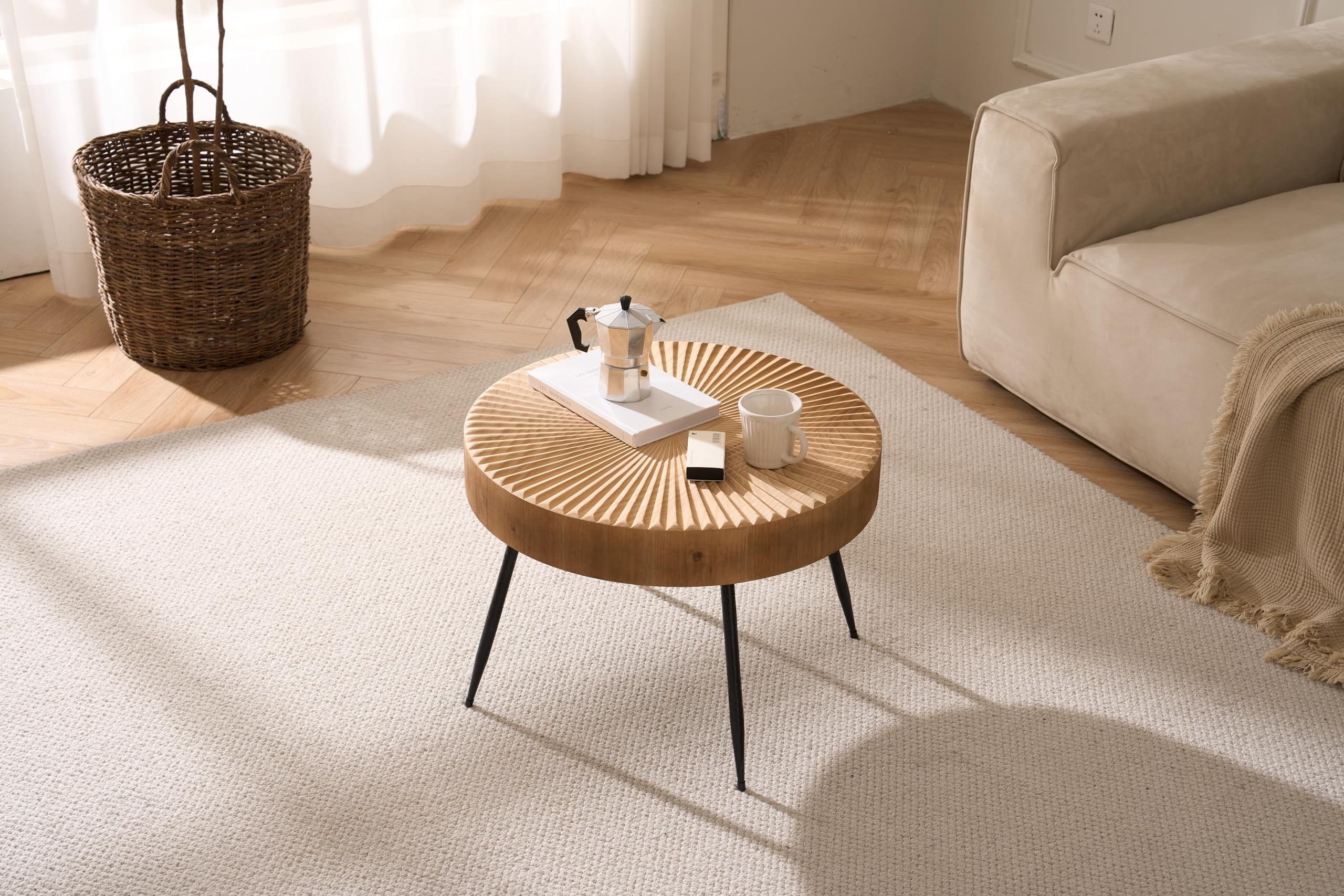 Beistelltisch Rund Holz, 60×42cm Großer Coffee Table | linearem design, schwarzen metallbeinen, fur wohnzimmer, massivholzfurnier, holzfarbe, kleiner couchtisch, handgefertigt