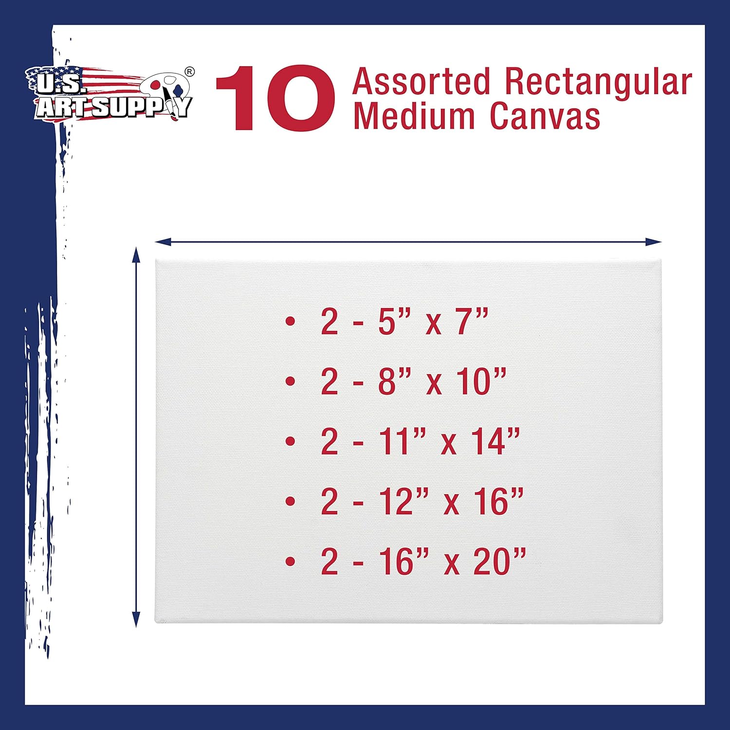 U.S. Art Supply Professional Quality Stretched Canvas, Multipack of 10 Medium Sizes, 2 Each 5x7, 8x10, 11x14, 12x16, 16x20 Inches - 12-Ounce Primed, 3/4", 100% Cotton - Painting, Acrylic Pouring, Oil
