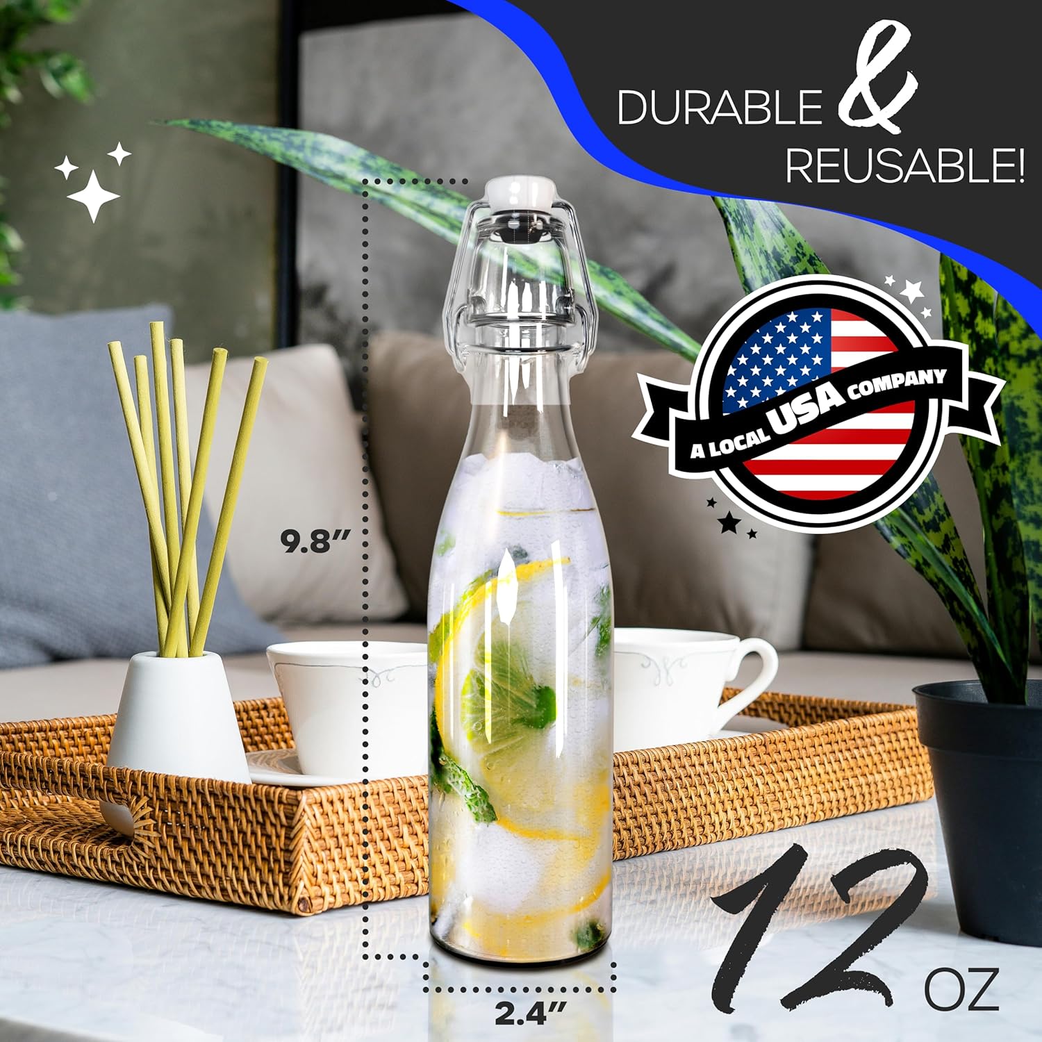 Nevlers 12 Oz Swing Top Glass Bottles with Airtight Lid 12 Pack | Flip Top Glass Bottle Set w/Shrink Wrap, Tags, Funnel, Brush & Marker | Use as Vanilla or Fermentation Bottle | 12oz Bottles with Caps
