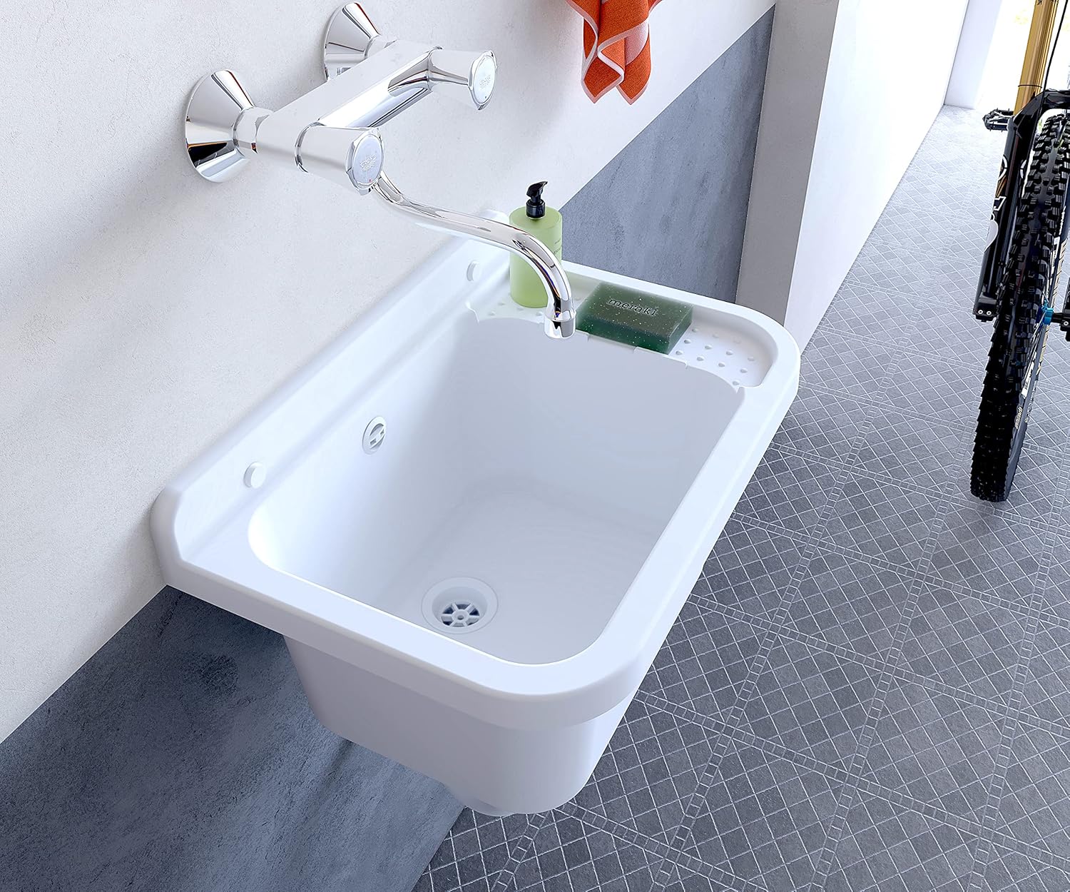 Wall-Mounted Sink in PP Resin, Acid Resistant for Common Use, for Outdoors, W 59 x D 34 x H 21 cm, White