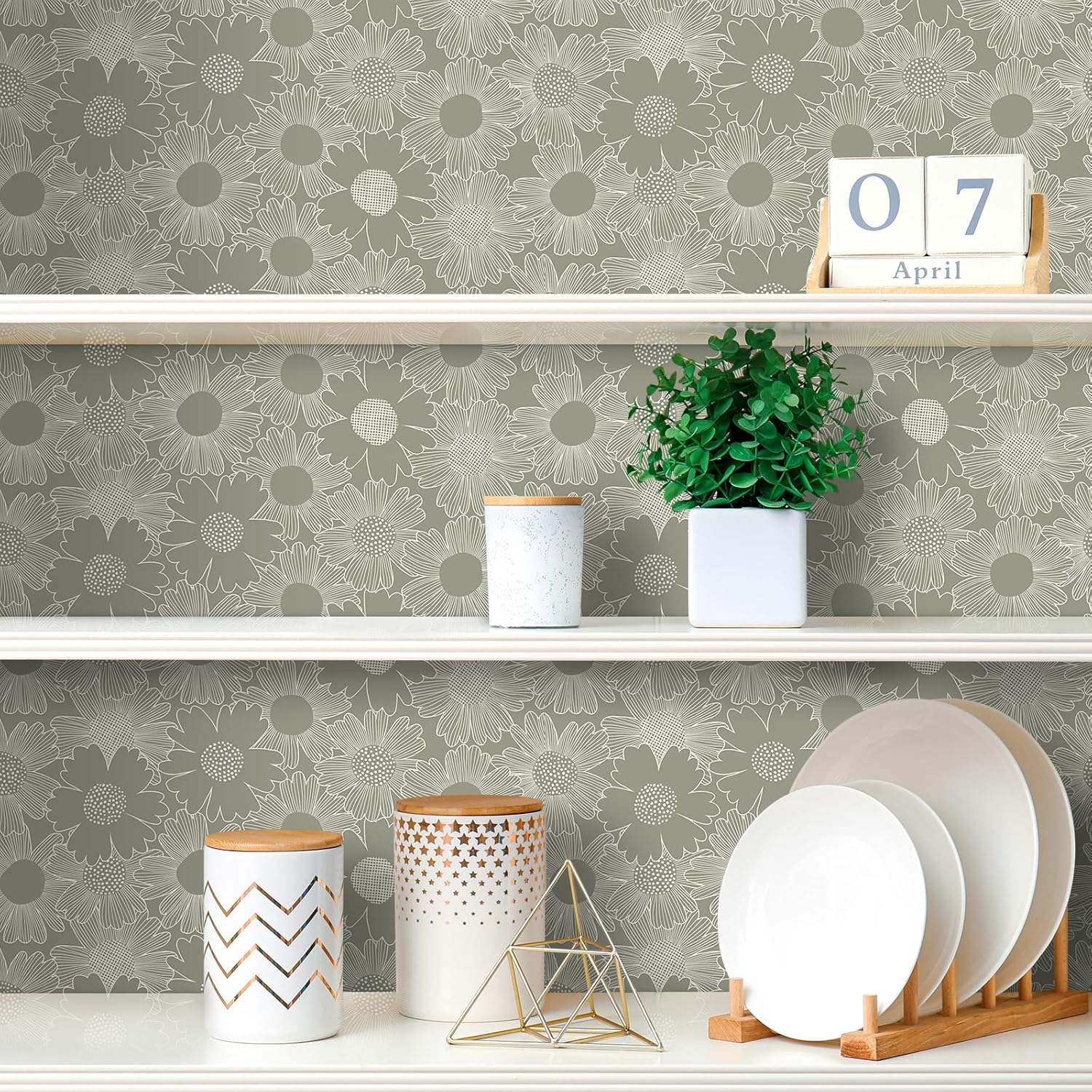 Livelynine Sage Green Wallpaper with Flowers Daisy Vintage Sage Green and White Floral Peel and Stick Wallpaper Renter Friendly Self Adhesive Floral Contact Paper for Cabinets Classroom 17.5x78.8