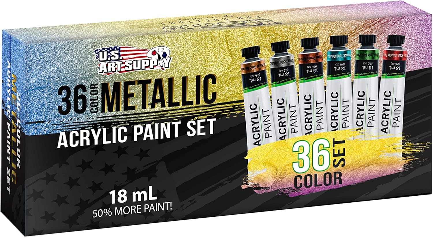 U.S. Art Supply 36-Color Metallic Acrylic Paint Set - 18ml Tubes - Acrylic Paint for Canvas Painting, Wood Crafts & Rock Painting - Color Mixing Wheel
