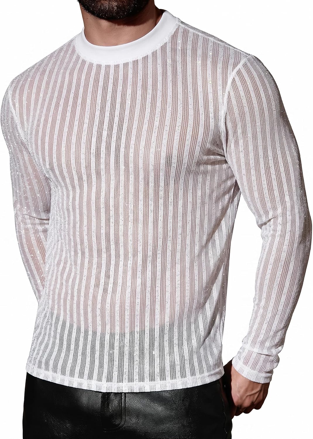 Men's Glitter Lace Sheer Mesh Long Sleeve T-Shirt See Through Sexy Shiny Rave Club Festival Top
