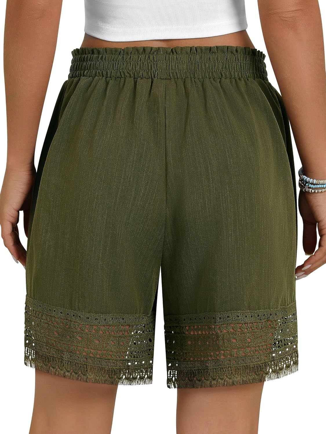 Women's Casual Elastic Waist Lounge Shorts Comfy Stretch Lace Trim Summer Beach Linen Ruffle Shorts - Image 6