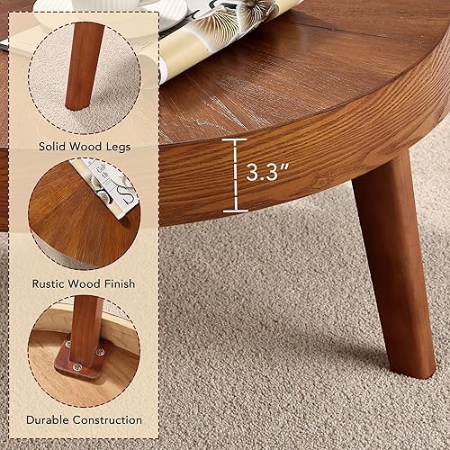 Miniatura 6 de Juego de 3 mesas de centro redondas estilo granja, mesas nido de estilo bohemio para sofá, mesas auxiliares con acabado natural de madera para sala