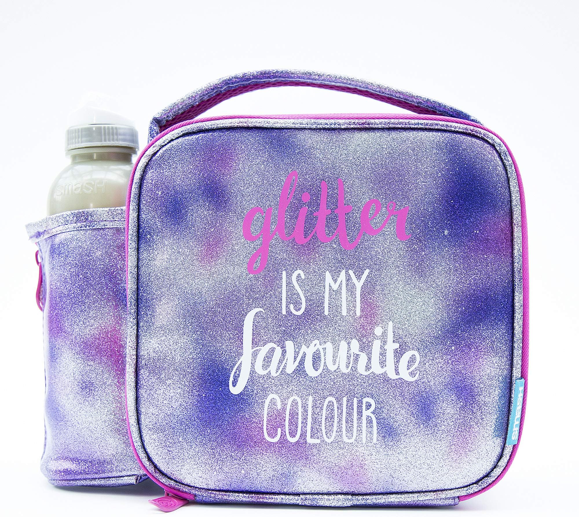Smash Glitter Junior Insulated Lunch Bag and 350ml Bottle, Fabric, Purple/Pink, 9 x 26 x 23 cm