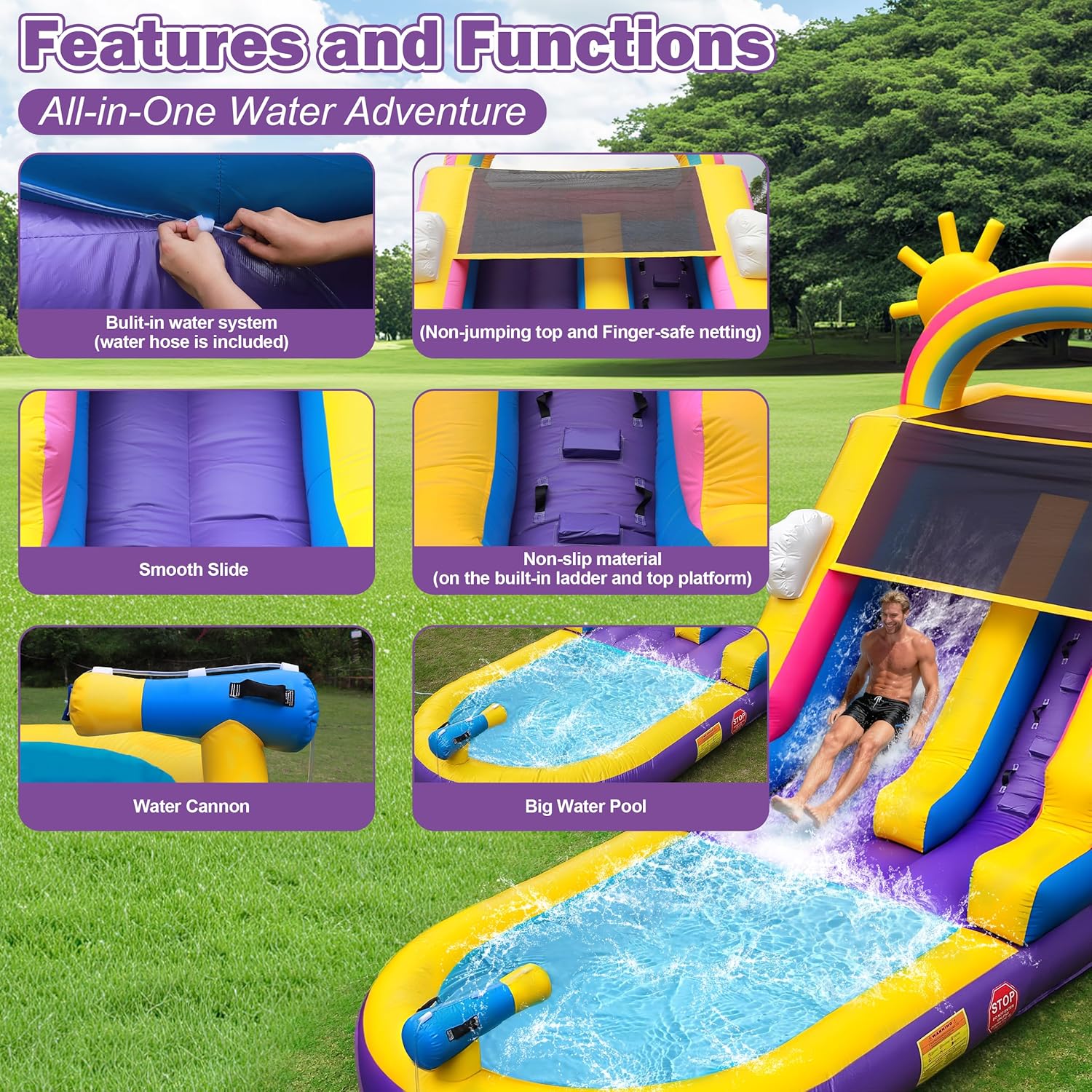 Inflatable Water Slide Commercial Grade: 21FT(L) Water Bounce House for Adults & Teenagers - Big Pool, Premium PVC, Rainbow Style, Wet & Dry, 950W Blower - for Backyard Outdoor Birthday Party