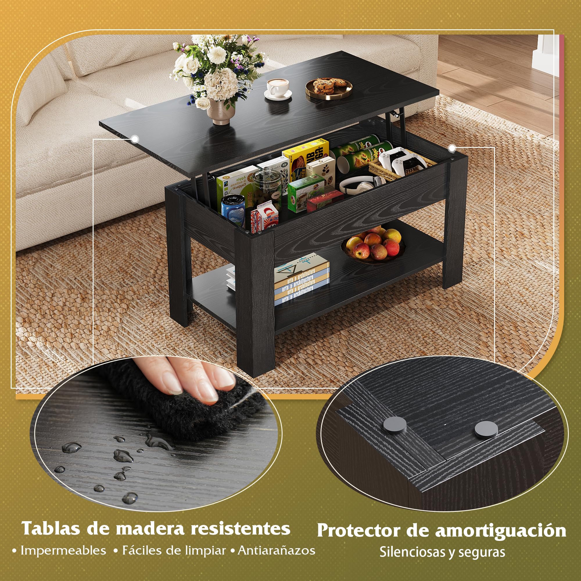 WLIVE Mesa de Sofá Centro con revistero, Mesa de Café elevable, Medidas: 100 cm (Largo) x 45/60cm (Alto) x 48 cm (Fondo) (Negro Carbón)