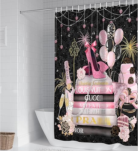 Miniatura 4 de Cortina de ducha de moda, cortinas de ducha de lujo rosa y negro, cortinas de ducha florales femeninas, tela de poliéster impermeable para