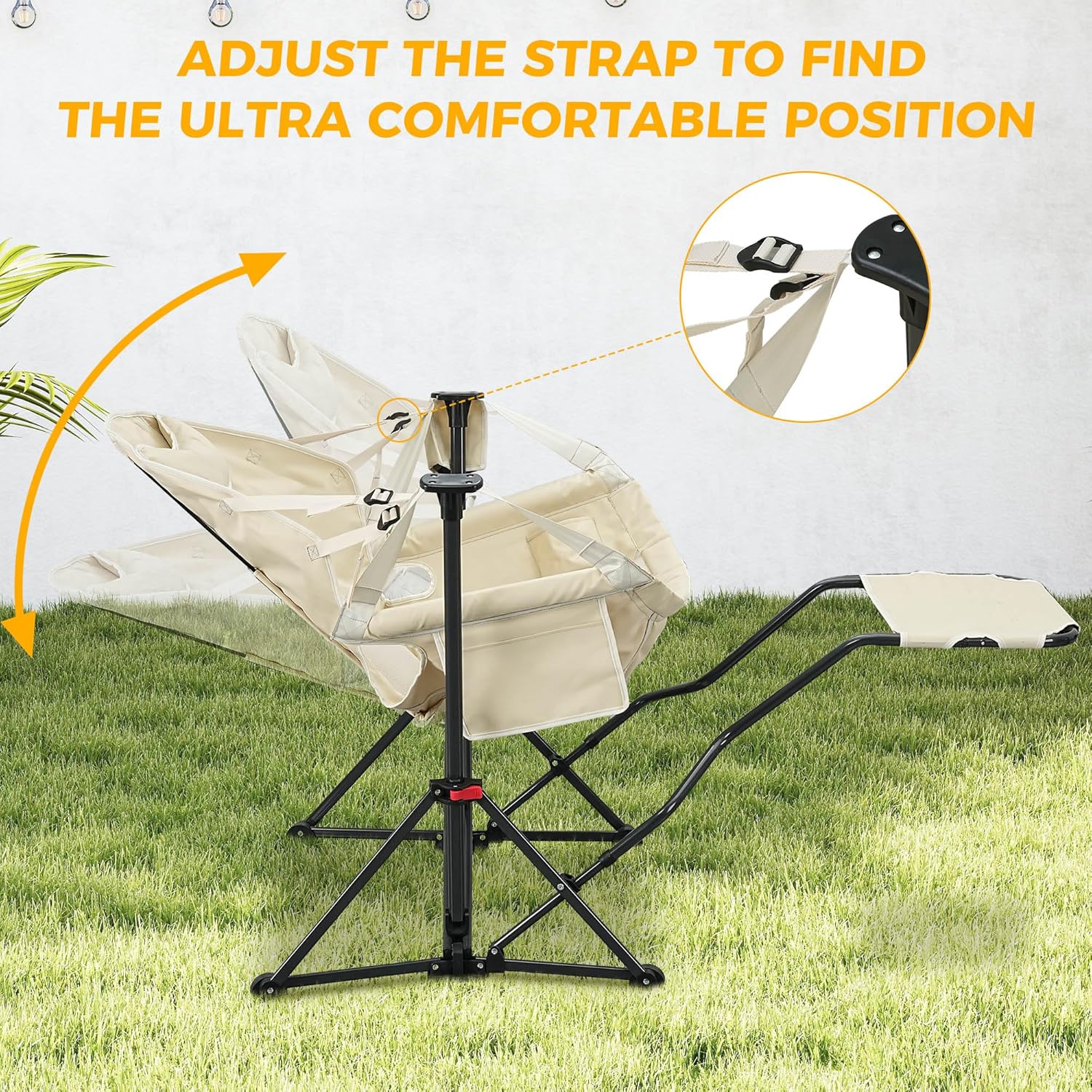 Step-by-step assembly guide for the Ainfox Hammock Camping Chair, showing how to open the frame, insert the seat, and attach the footrest.