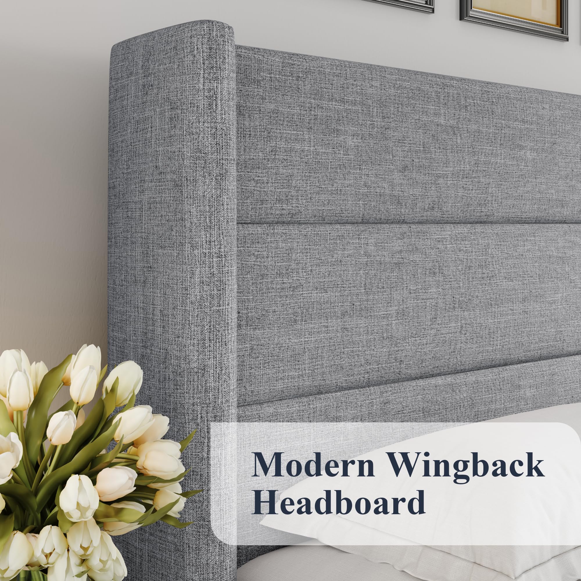 Allewie Queen Size Lift Up Storage Bed, Modern Wingback Headboard, Hydraulic Support, No Box Spring Needed, Light Grey - 4