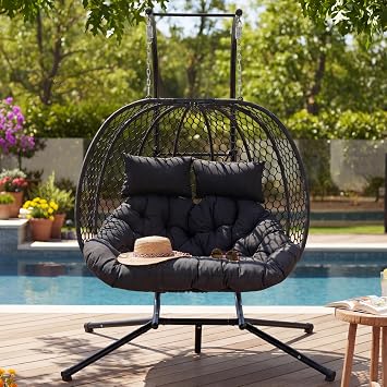 Double Egg Chair with Stand for 2 Persons, Oversized Patio Hanging Basket Chair, Honeycomb Wicker Swing Chair with Thick Cushions & Headrests, 800LBS Heavy Duty Indoor Outdoor, Black