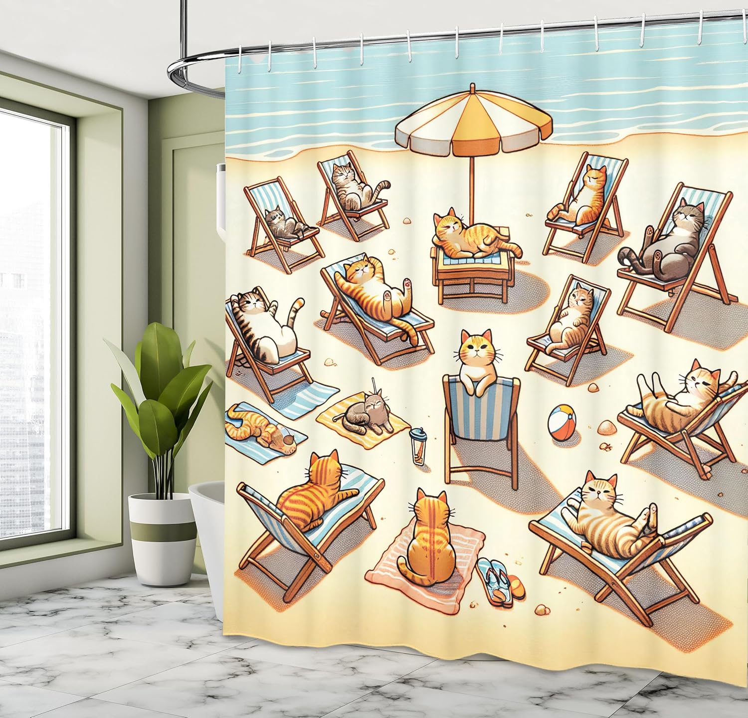 Ambesonne Cat Shower Curtain, Summer Time Fun Cartoon Sandy Beach Scene with Happy Kittens in Sun Beds, Cloth Fabric Bathroom Decor Set with Hooks, 69" W x 75" L, Beige Orange Pale Blue