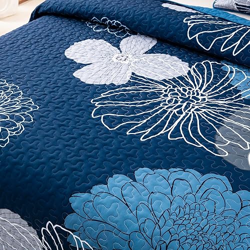 Miniatura 6 de Juego de edredón de 3 piezas con patrón floral azul marino, tamaño Queen, juego de ropa de cama reversible de microfibra con patrón de flores