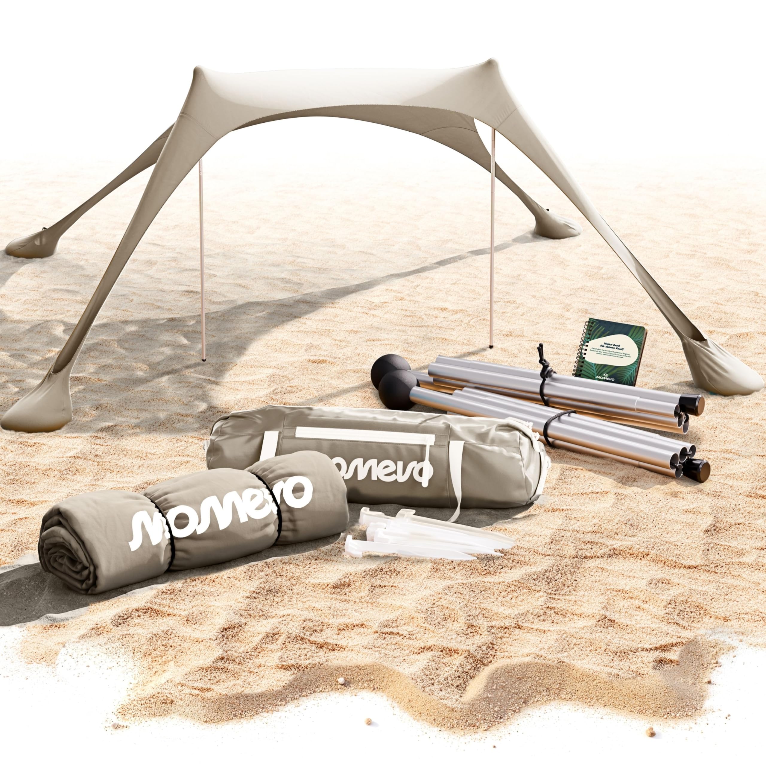 Tente de plage avec voile d’ombrage – Abri de plage avec protection UV UPF50+, stable au vent et léger, tente de plage nouvelle génération (2 barres, Sable)