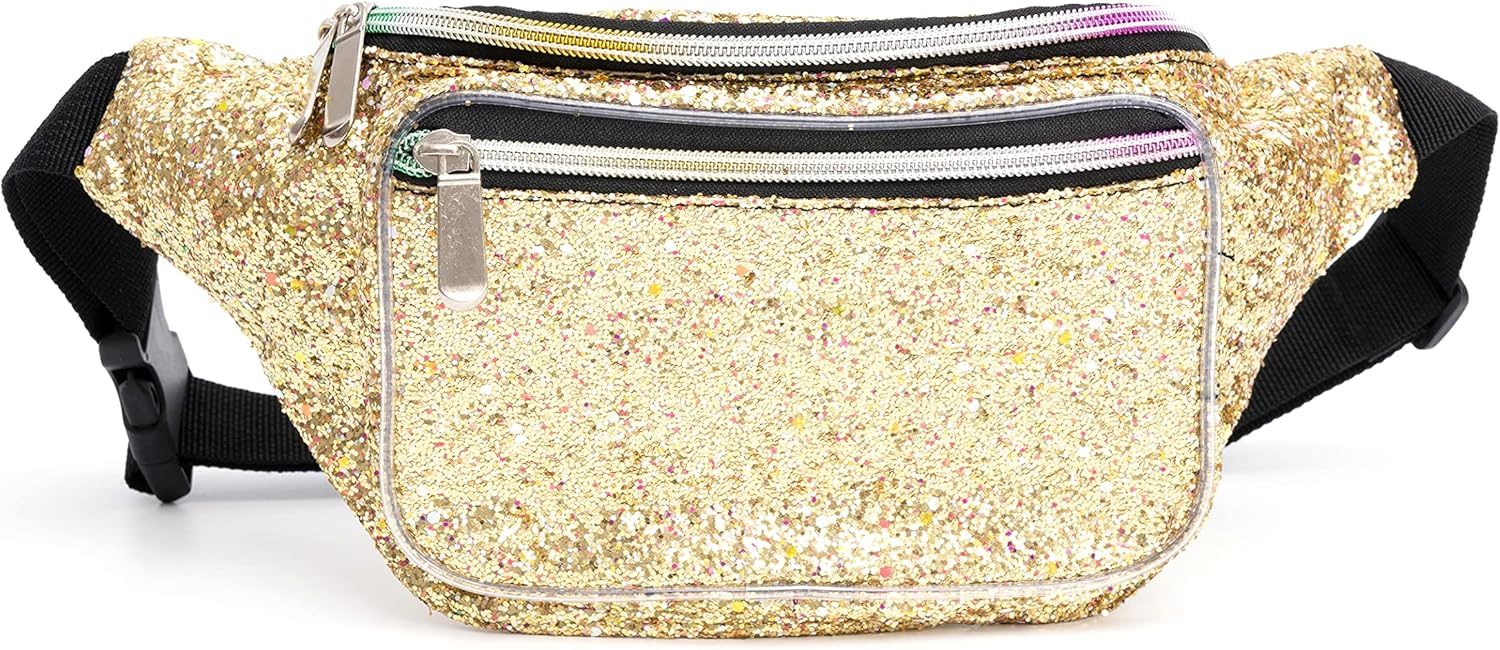 Holographic Rave Gold Gravel Glitter Fanny Pack For Women Grils Festival Waist Belt Bags -Gold Gravel - Image 2