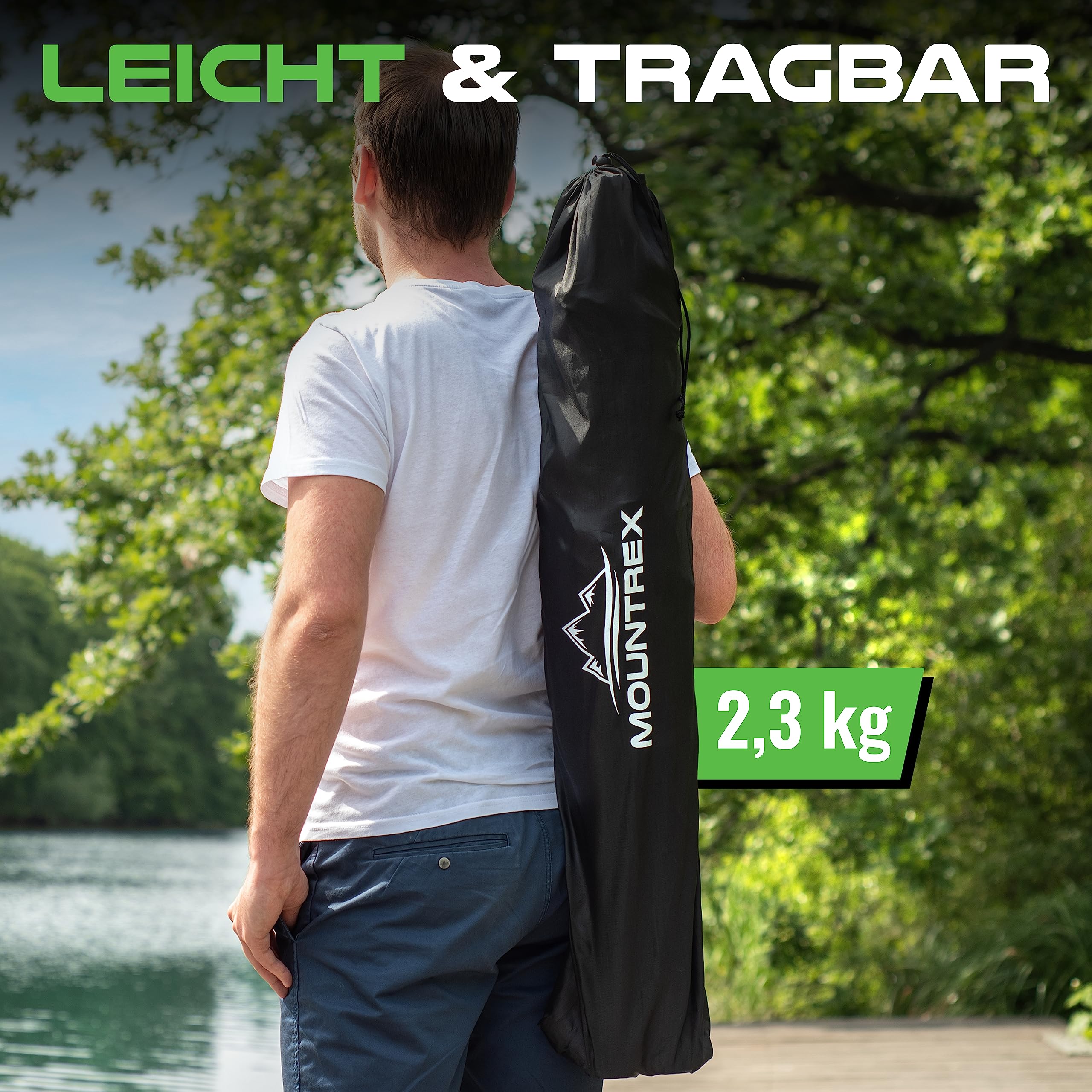 MOUNTREX Campingstuhl Faltbar (bis 120kg) - Klappstuhl mit Verstellbare Armlehne - Anglerstuhl, Strandstuhl - Klappbar, Kompakt & Leicht - Camping Stuhl Inkl. Getränkehalter und Tasche