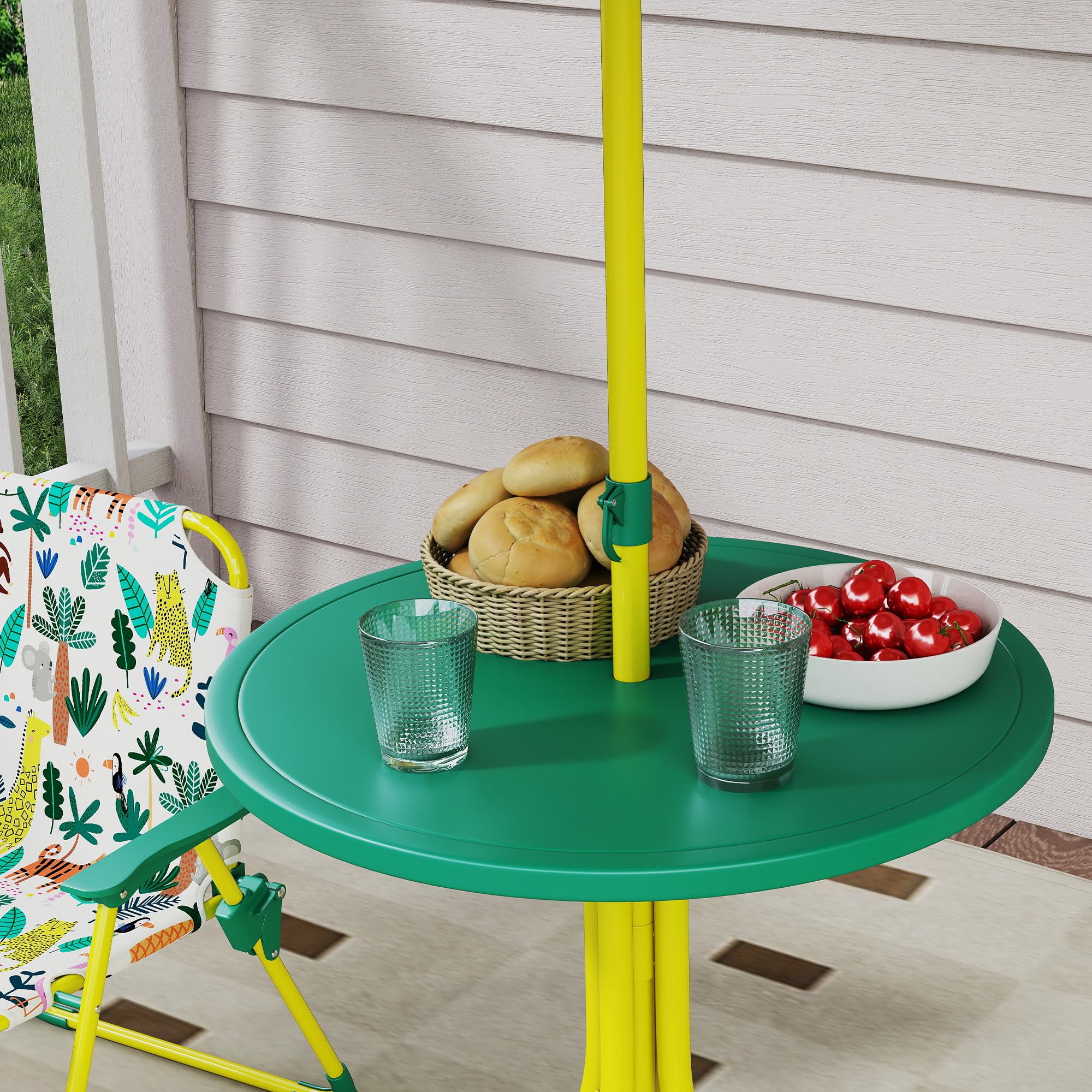 AIYAPLAY Conjunto de Mesa y Sillas Infantil de Jardín de 4 Piezas, Mesa Infantil con Sillas Plegables, Sombrilla Desmontable, Diseño de Jungla, para Patio, Pícnic, Verde