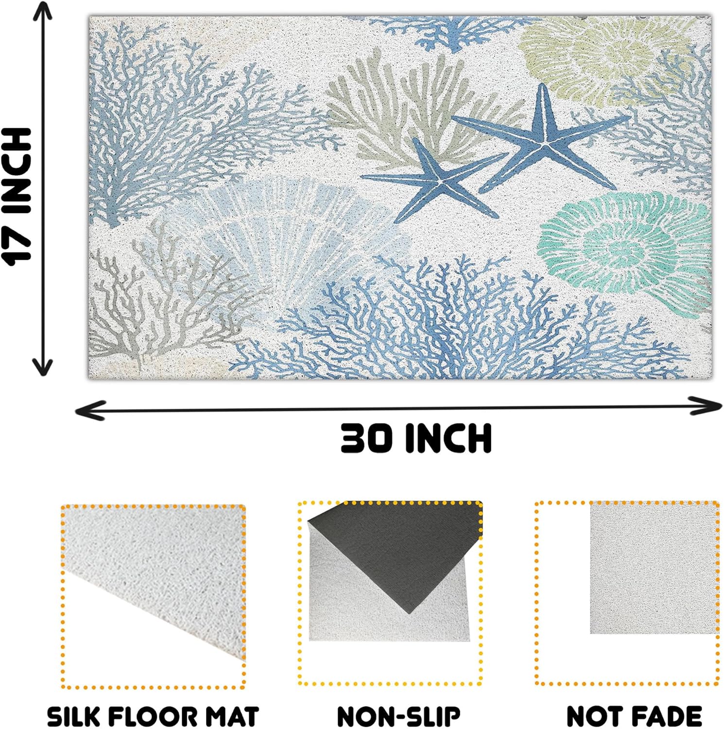Beach Door Mat, Coastal Seashell Starfish Coral Doormat for Indoor Outdoor Entrance Porch, Blue Beachy Welcome Mats for Front Door Entryway, Ocean Bathmat Rug for Bathroom, 17x30 Inches