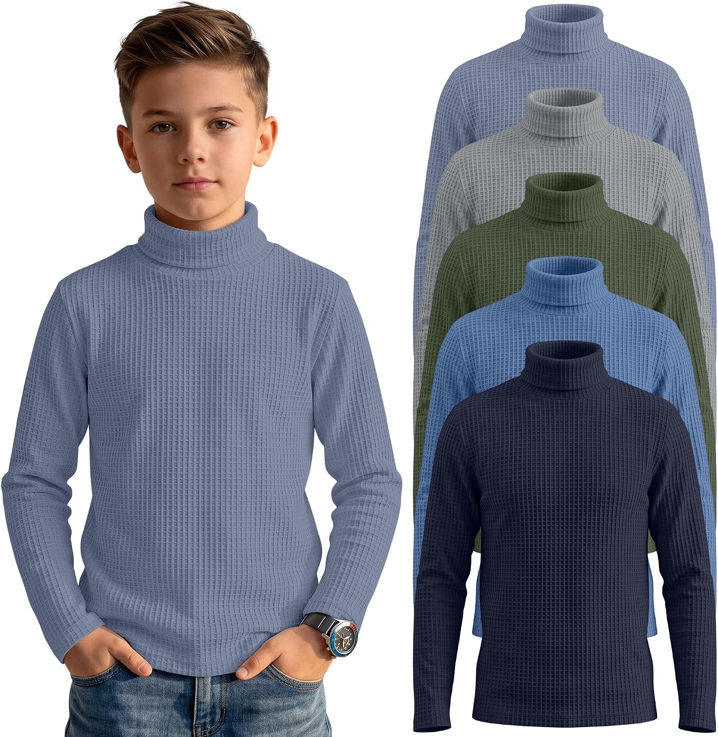 5 Pack Boys Long Sleeve Shirts Turtleneck Waffle Top
