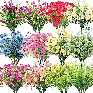 30 Bundles 12 Style Artificial Flowers for Outdoors Fake Silk Flowers UV...