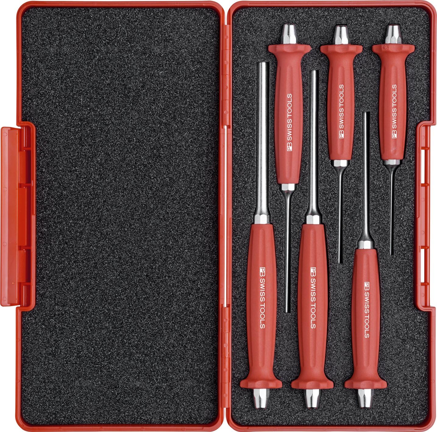 Pin Punch PB 758.SET | 100% Swiss Made | 6-Piece Drift Punch Set 2-8 mm, Made of Octagon Steel, Non-Slip Grip, in ToolBox