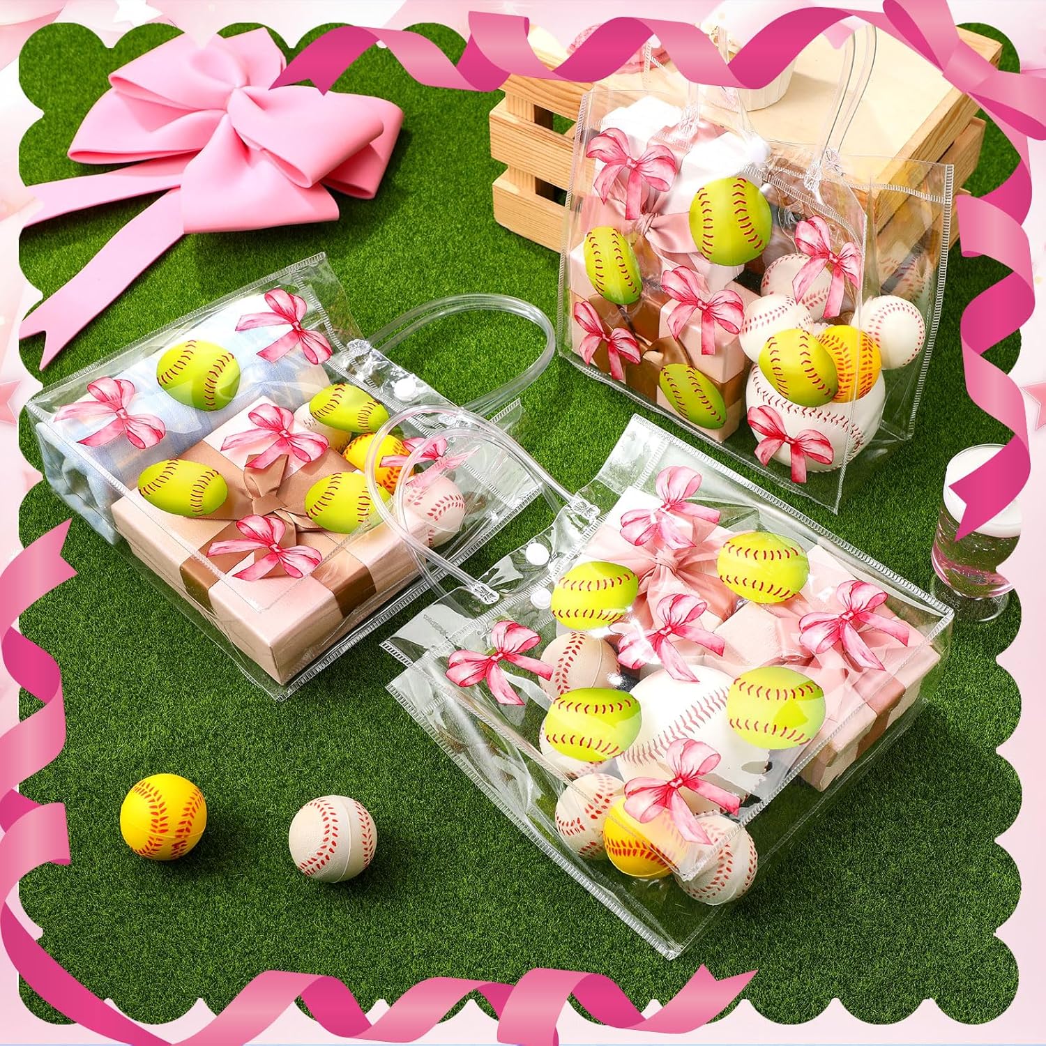 Teenyyou 24 Pcs Softball Clear Gift Bag with Handles Plastic Soft Ball Goodie Sport Theme Party Favor Team Treat Bag with Pink Bow for Birthday Team Snack, 8 x 8 x 3.15 Inches